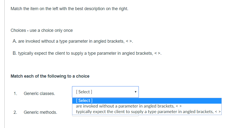 Can you help me solve the java problems? Match the item on