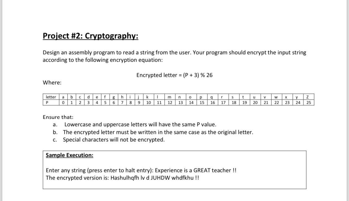  Project #2: Cryptography: Design an assembly program to read a string