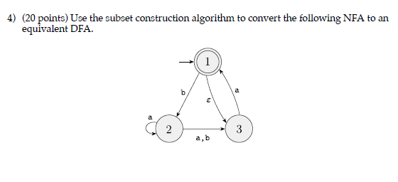  4) (20 points) Use the subset construction algorithm to convert the