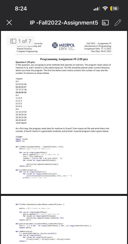  Programming Assignment \#5 (120 pts) Question I (30 pts): In this