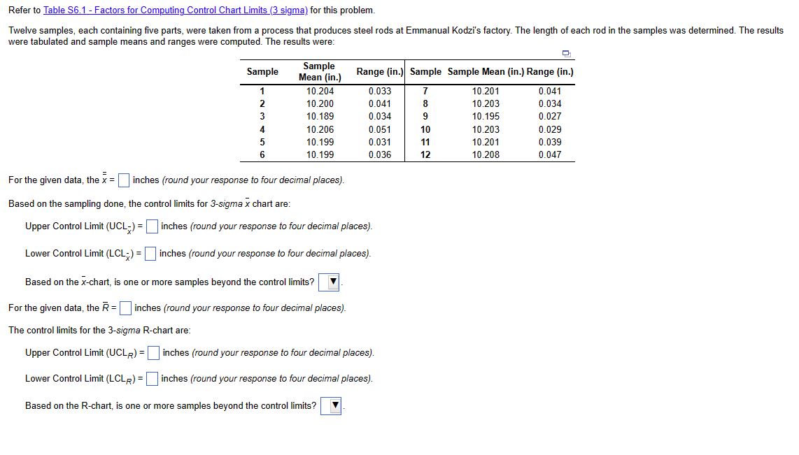  Refer to Table S6.1 - Factors for Computing Control Chart Limits