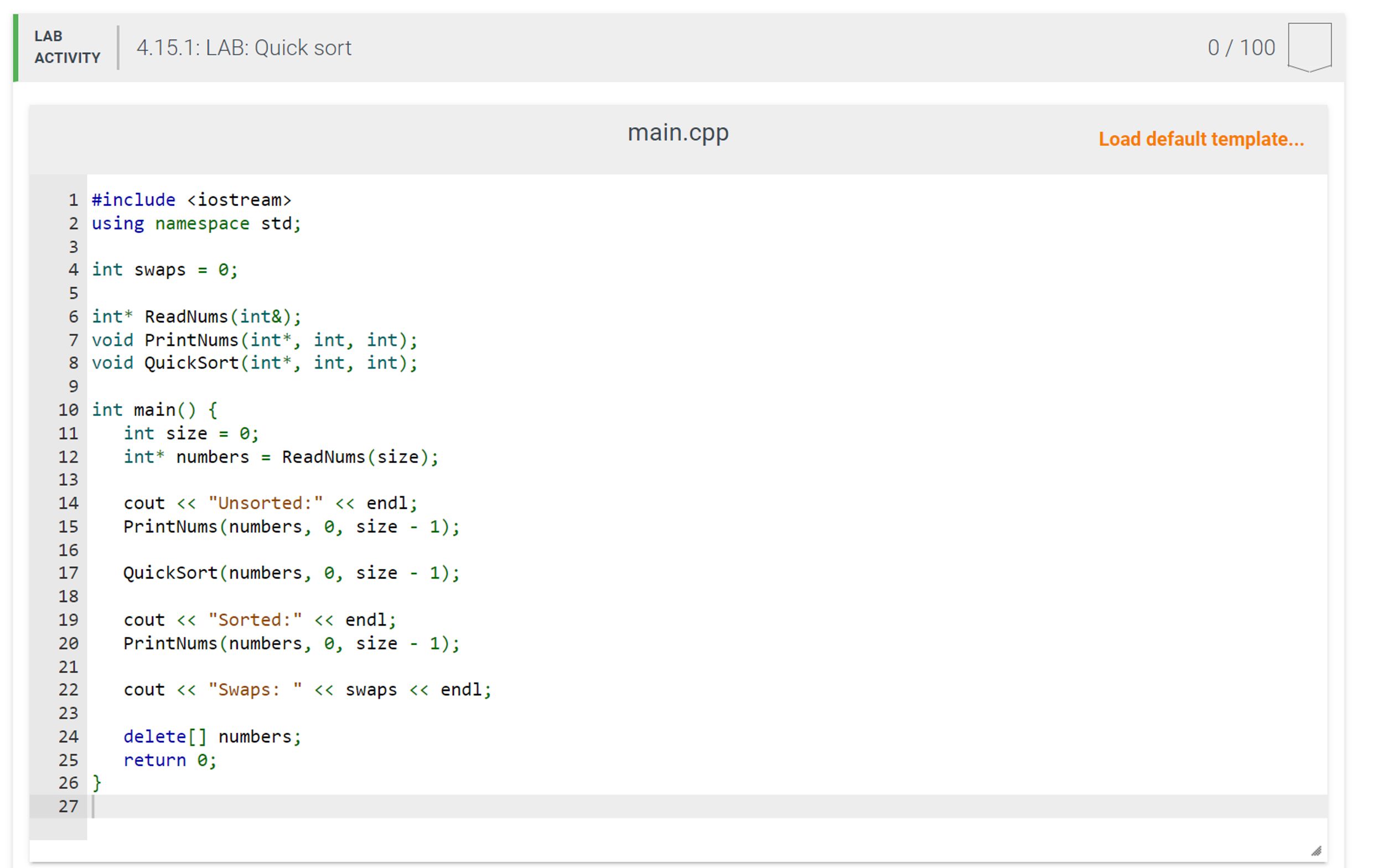  Using C++, #include =0=0=Quick sort is one of the O(n log