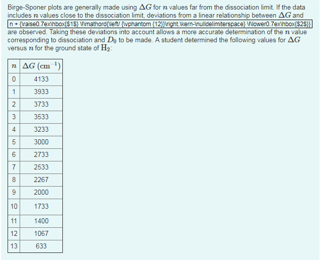 Please help......thank you! Part A: Construct a Birge-Sponer plot (G versus n
