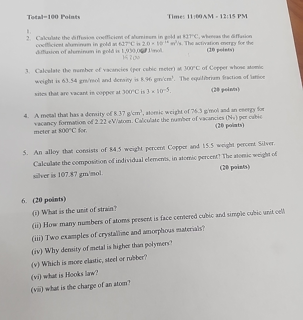  Total =100 Points Time: 11:00AM -12:15 PM 1. 2. Calculate the