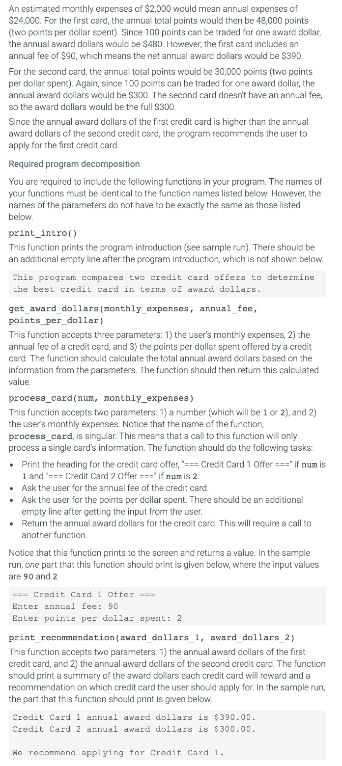 Specifications In this lab, you are asked to compare two credit card
