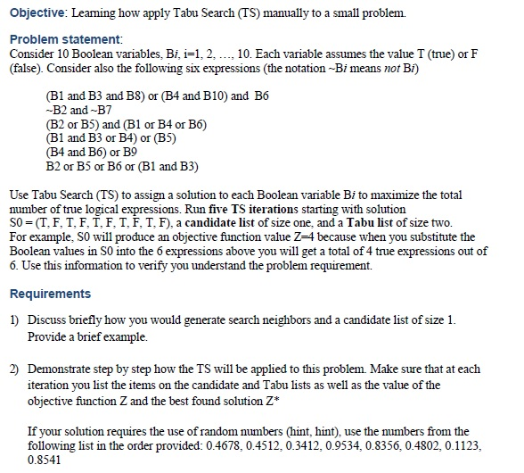  Objective: Learning how apply Tabu Search (TS) manually to a small