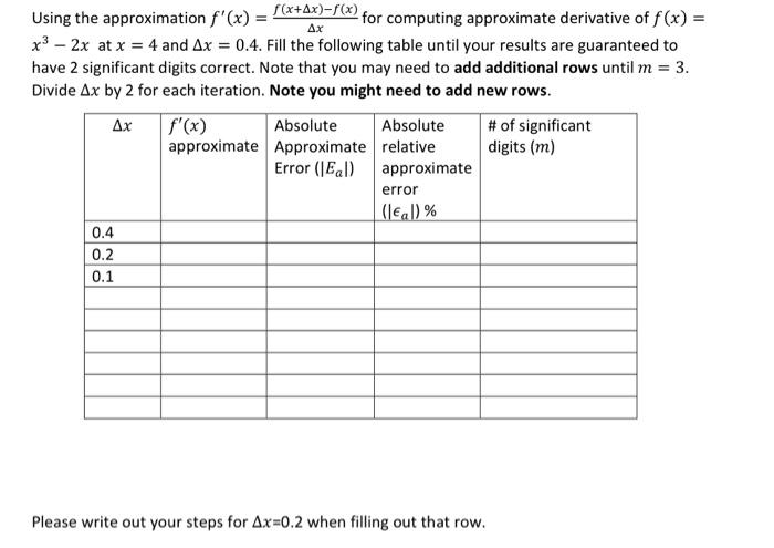 use matlab code please Using the approximation f(x)=xf(x+x)f(x) for computing approximate derivative