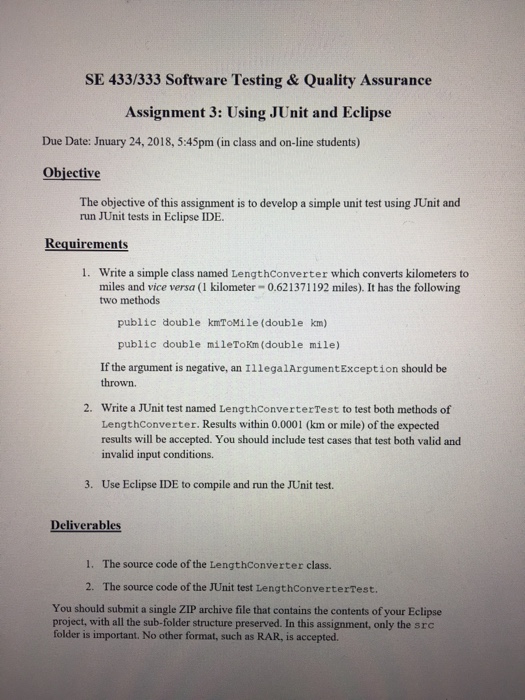  SE 433/333 Software Testing & Quality Assurance Assignment 3: Using JUnit