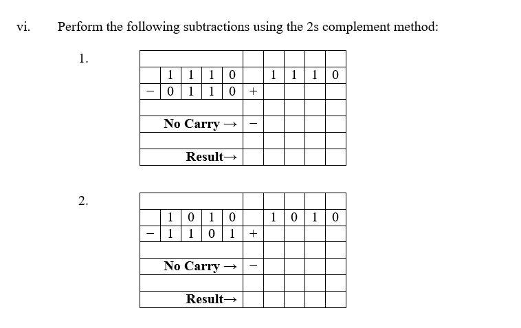 vi. Perform the following subtractions using the 2s complement method: 1.
