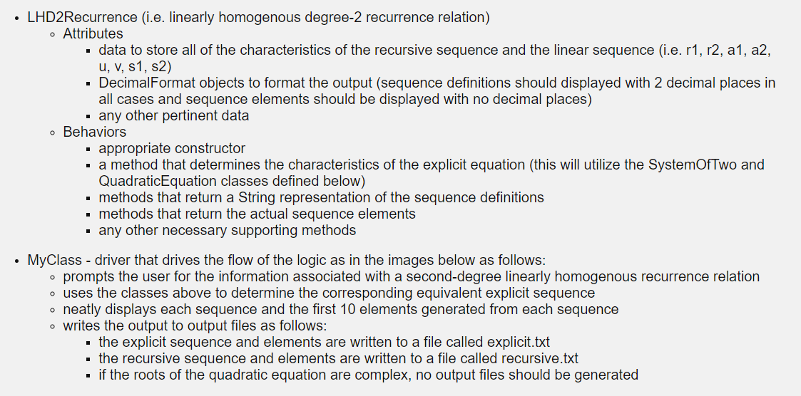 Need help! Java Recurrence Assignment. QuadraticEquation, System of Two, and Point codes