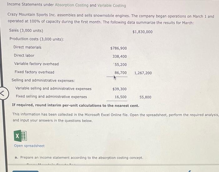 Income Statements under Absorption Costing and Variable Costing Crazy Mountain Sports