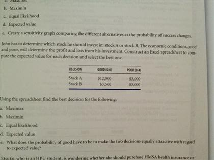  Maximum Equal likelihood Expected value Create a sensitivity graph comparing the