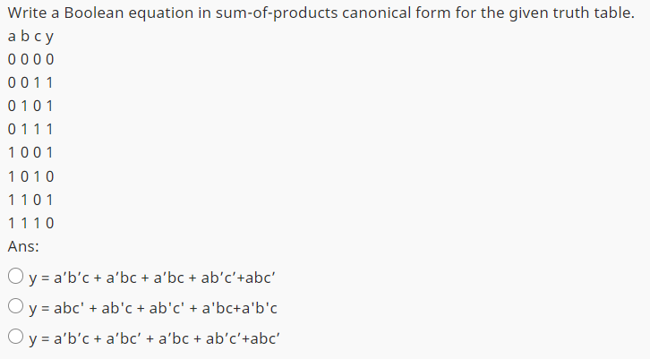 Please provide an explanation. Write a Boolean equation in sum-of-products canonical form