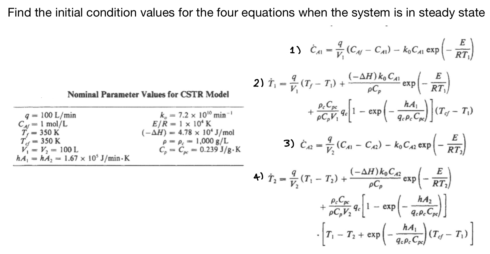 Find the initial condition values for the four equations when the