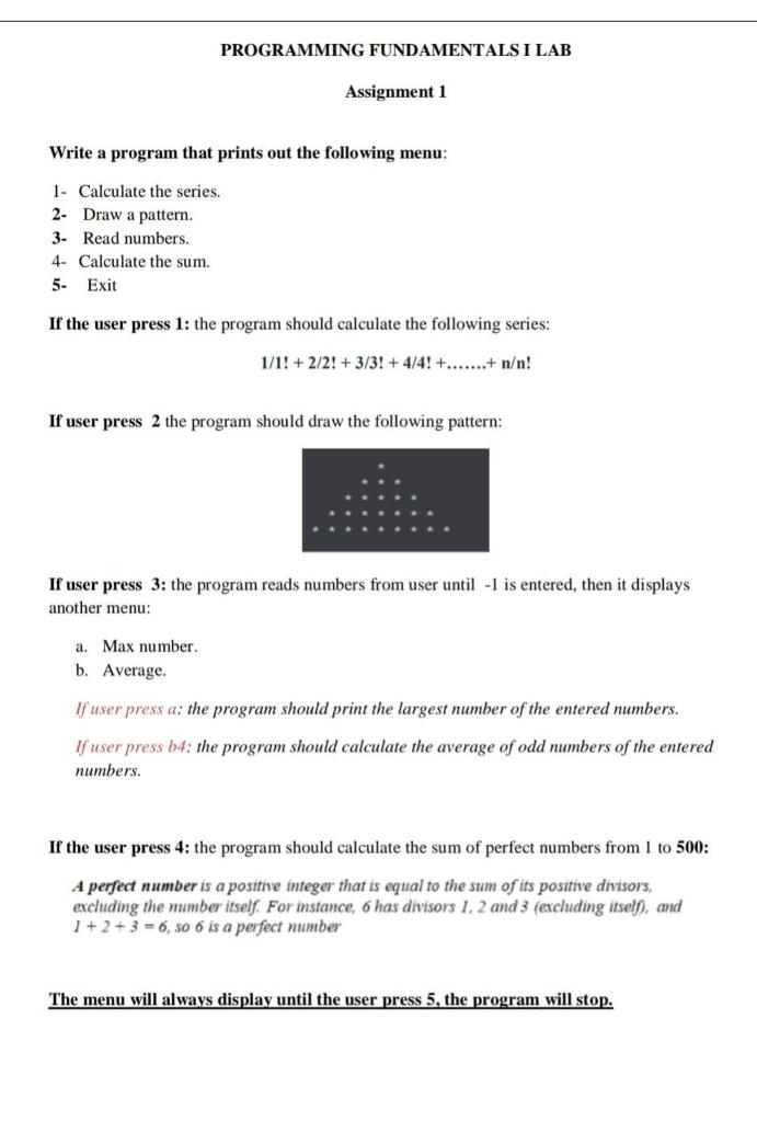 ++solve using C Write a program that prints out the following menu: