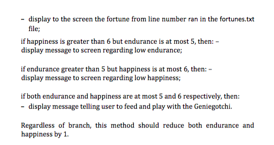 Geniegotchi with: 1. Private data fields: name (of String type, initialized to