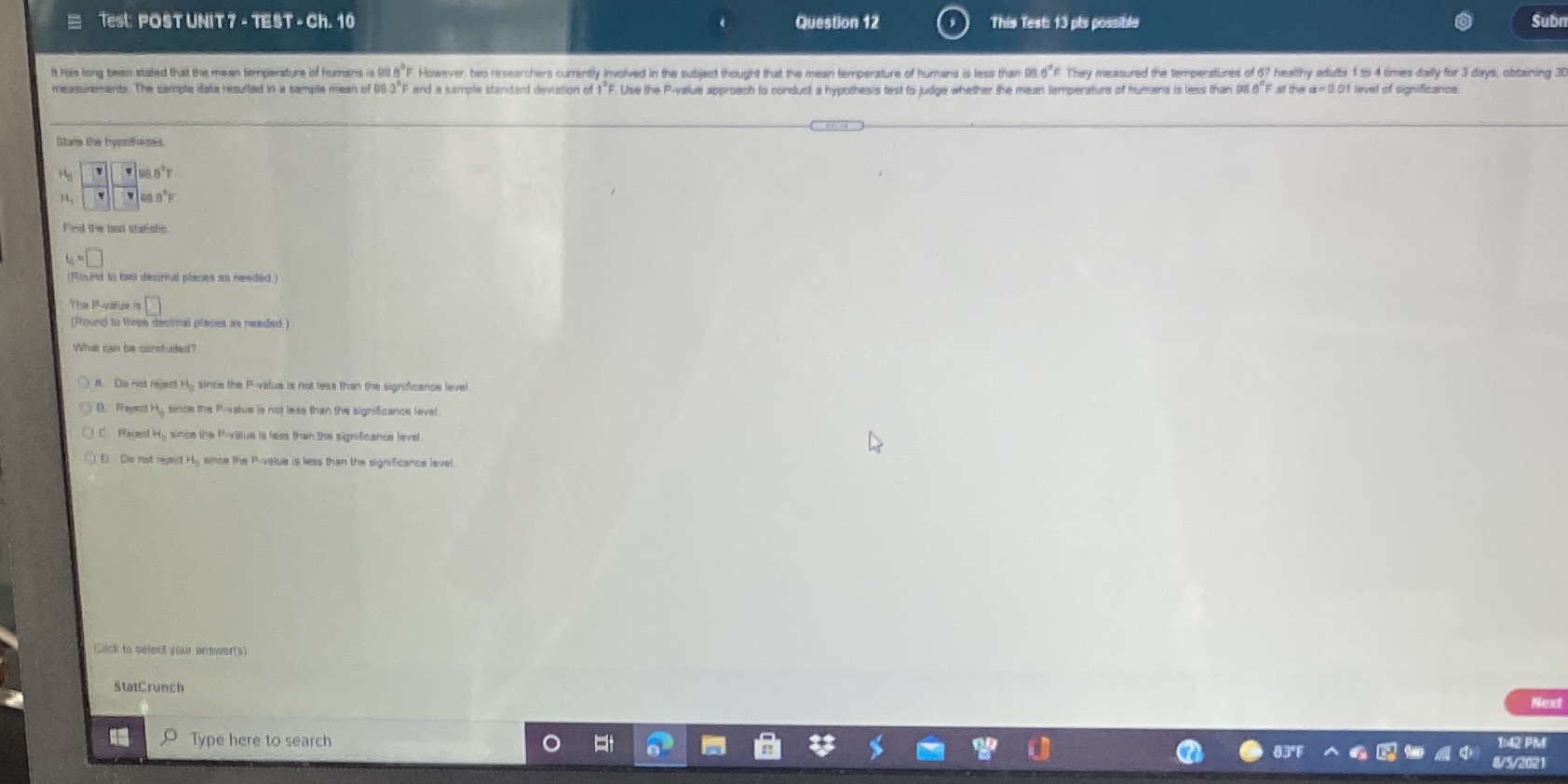  Test: POST UNIT 7 - TEST - Ch. 10 Question 12
