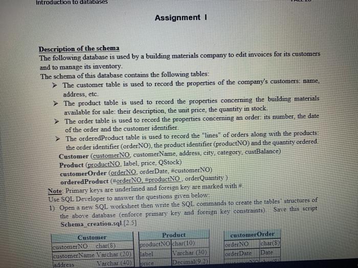  Introduction to databases Assignment 1 Description of the schema The following