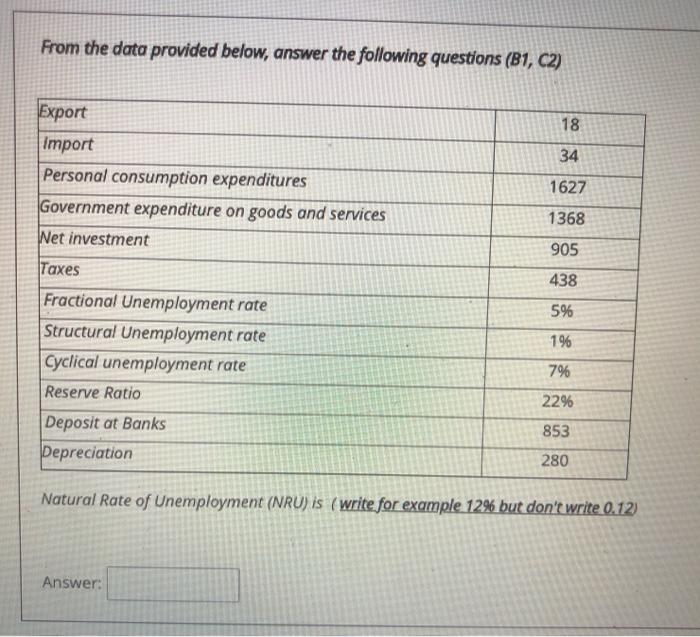  From the data provided below, answer the following questions (B1, C2)