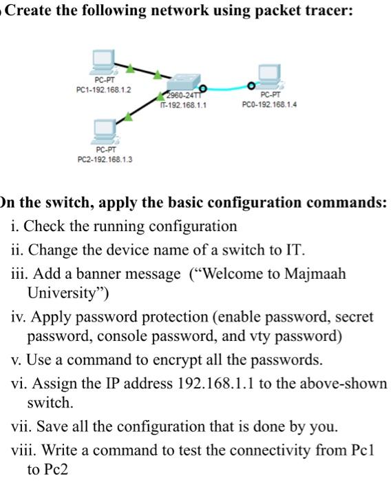  Create the following network using packet tracer: On the switch, apply