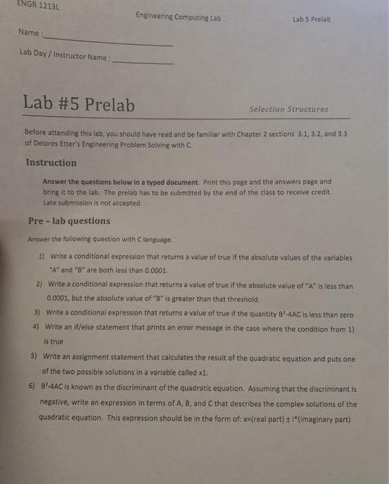  ENGR 1213 Engineering Computing Lab Lab 5 Prelab Name: Lab Day