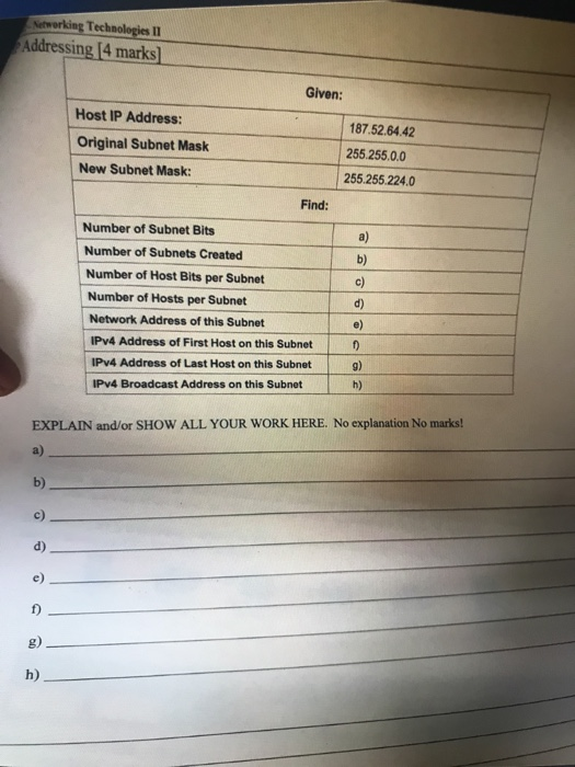  Networking Technologies II Addressing [4 marks] Given: Host IP Address: Original
