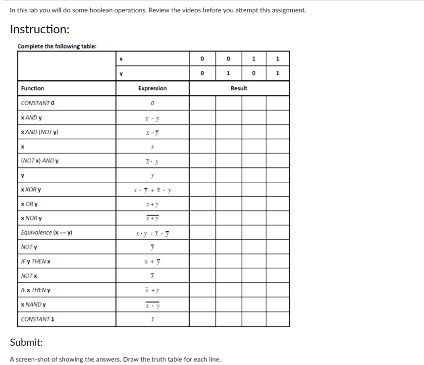  In this lab you will do some boolean operations. Review the