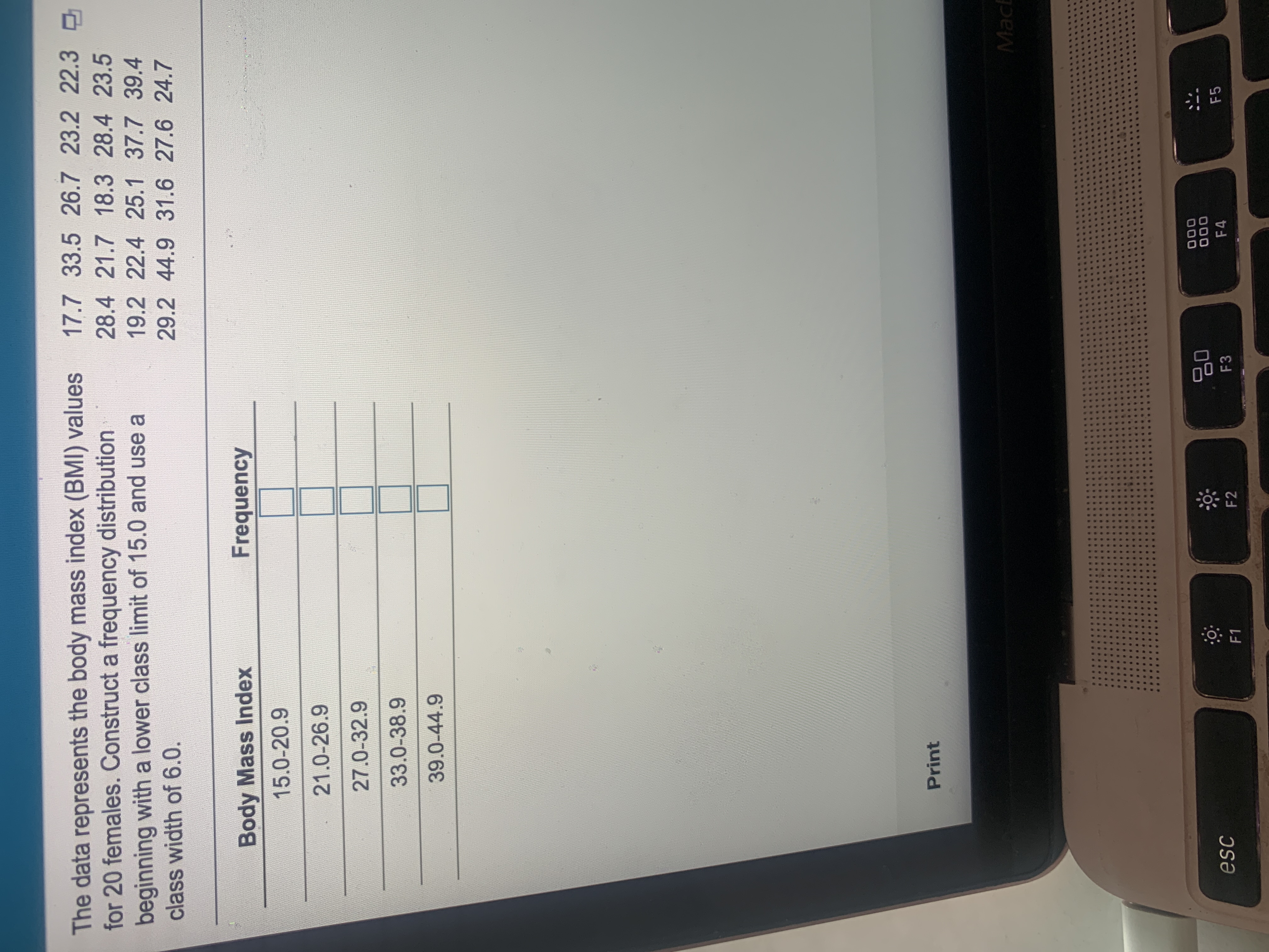 Data represents The data represents the body mass index (BMI) values 17.7
