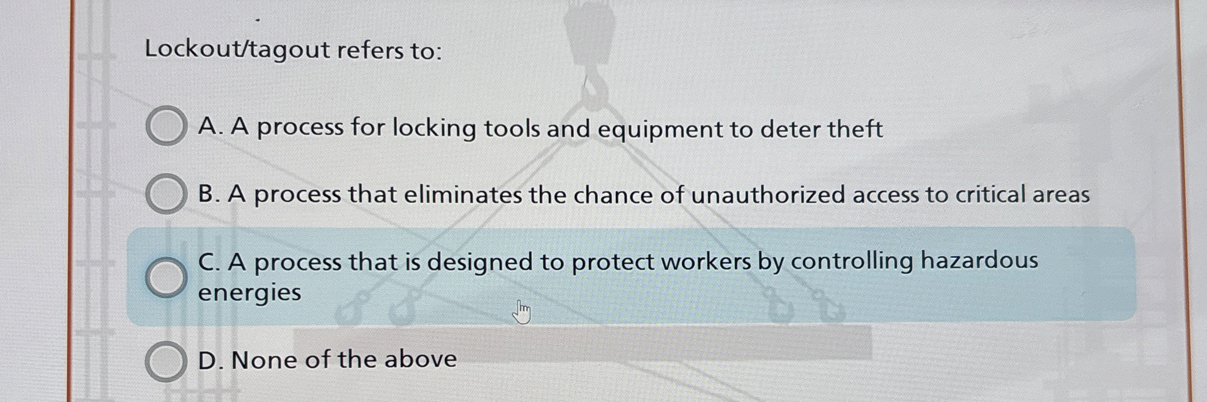  Lockout/tagout refers to A. A process for locking tools and equipment