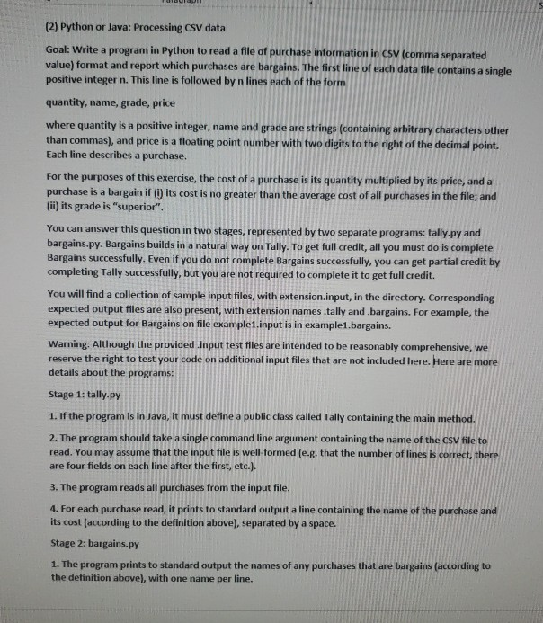  (2) Python or Java: Processing CSV data Goal: Write a program