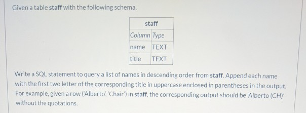  please show only one statement Given a table staff with the