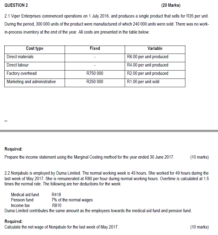  QUESTION 2 (20 Marks) 2.1 Viper Enterprises commenced operations on 1