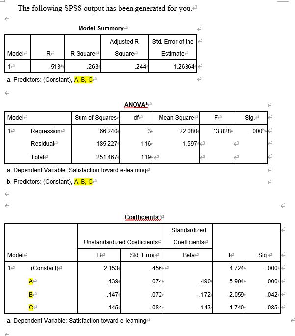 In a pretest, data was obtained from 120 students on their satisfaction