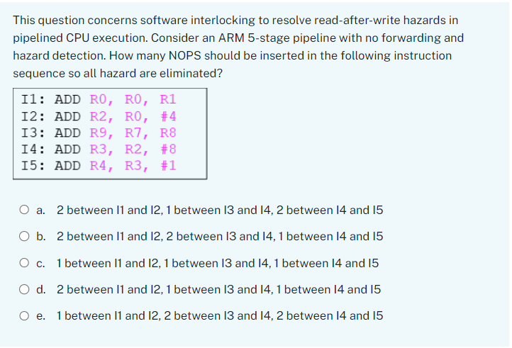  This question concerns software interlocking to resolve read-after-write hazards in pipelined