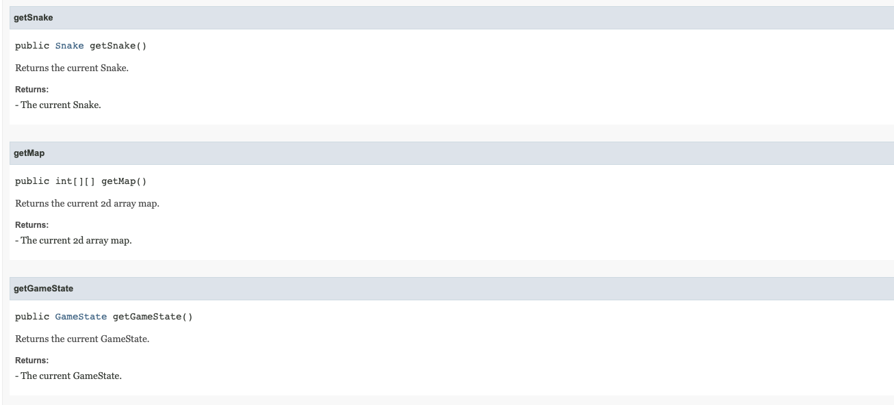 3 classes to model the Snake game data, I need help writing