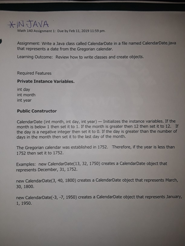  XIN JAVA Math 140 Assignment 1: Due by Feb 11, 2019