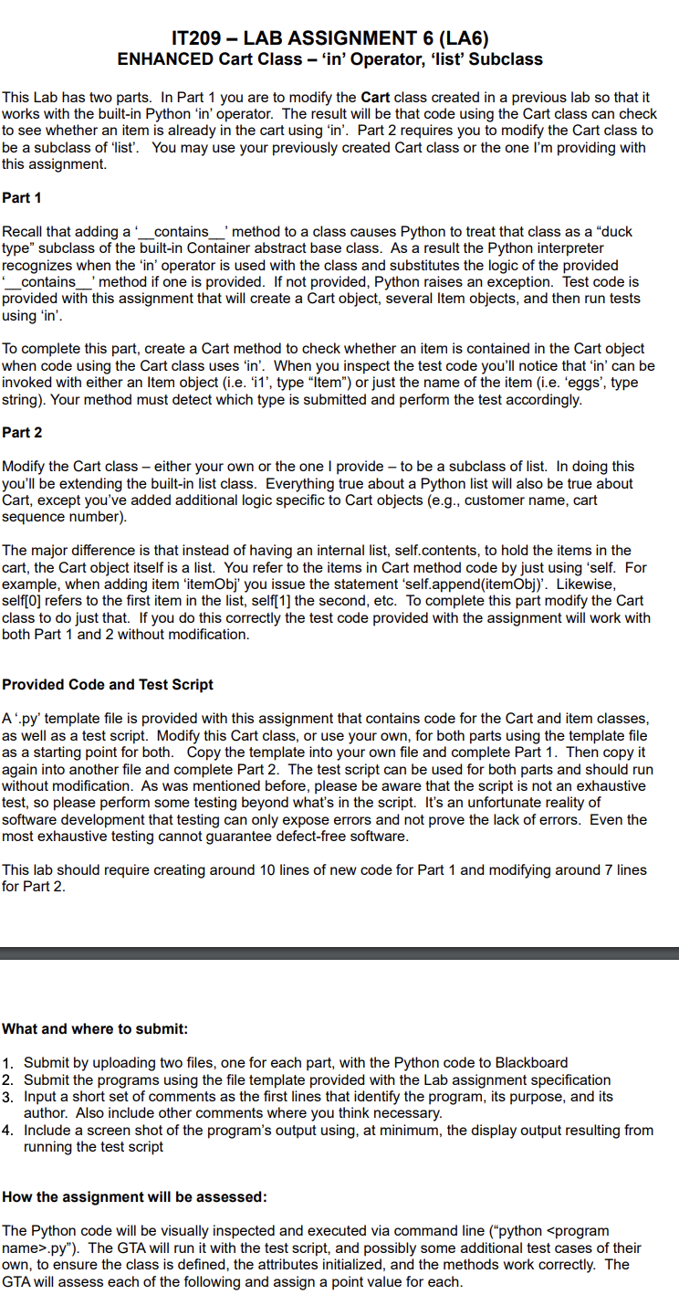 IT209- LAB ASSIGNMENT 6(LA6) ENHANCED Cart Class -'in' Operator, 'list' Subclass