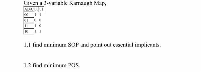  Given a 3-variable Karnaugh Map, ABC001 100 11 01 00 1110