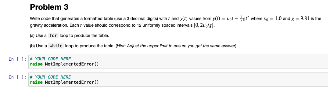 Problem 3 gt2 where vo = 1.0 and g = 9.81