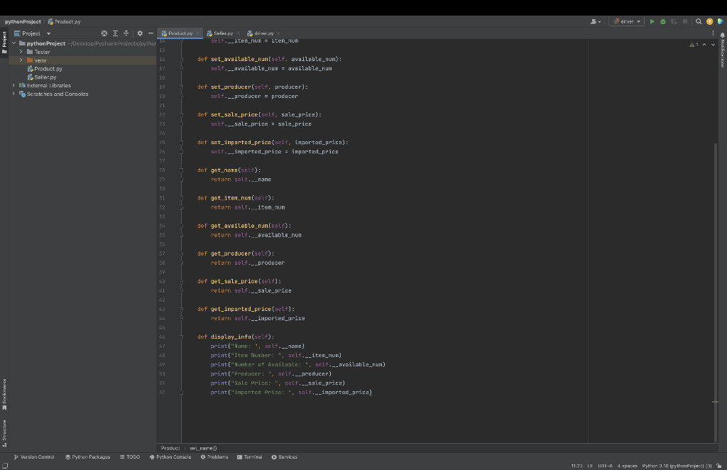 producer, sale_price, imported_price): self.__name = name self.__item_num = item_num self.__available_num = available_num