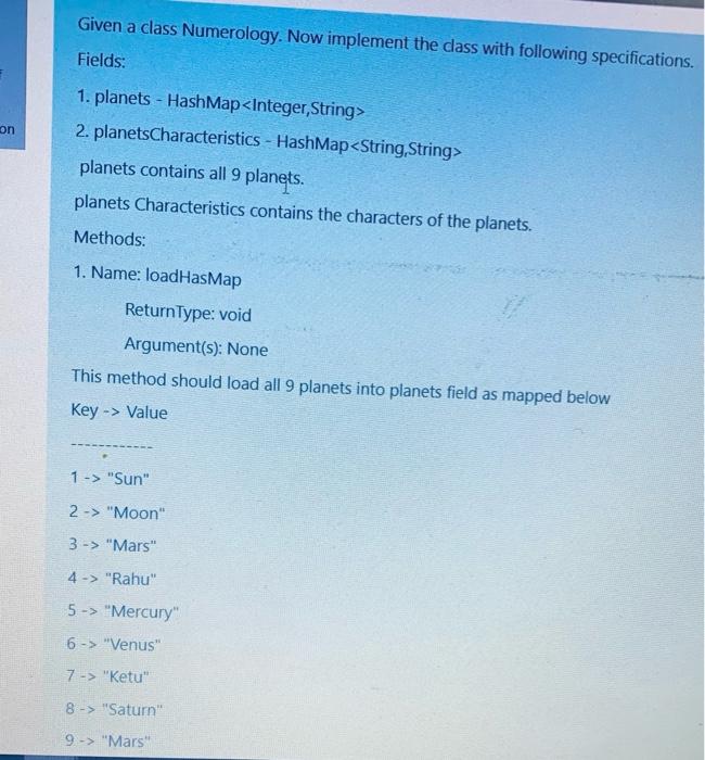  Given a class Numerology. Now implement the class with following specificatic