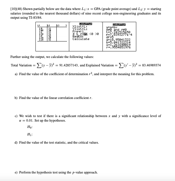  [10](48) Shown partially below are the data where Ly:x = GPA