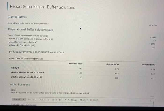PLEASE HELP Report Submission - Buffer Solutions (24pts) Buffers How will you