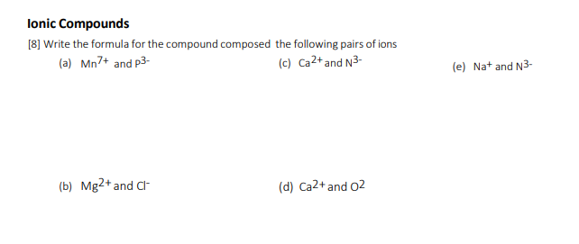  Ionic Compounds [8] Write the formula for the compound composed the