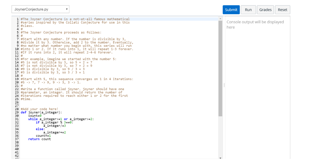- JoynerConjecture.py Submit Run Grades Reset 1 #The Joyner Conjecture is