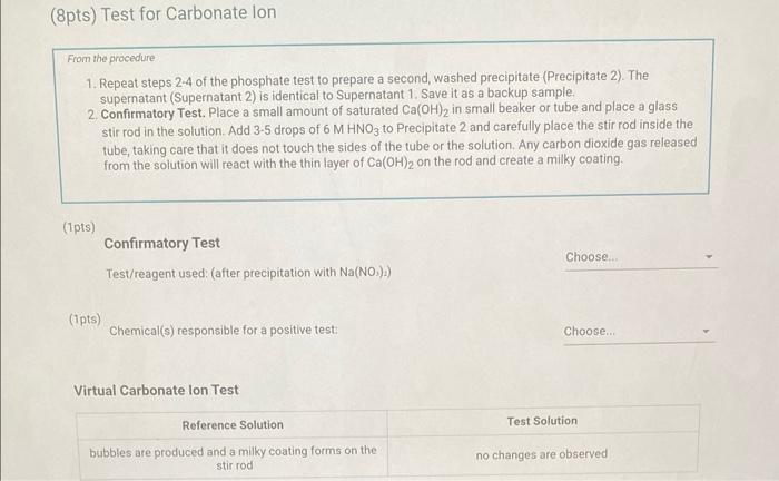 anions and (2) an unknown test solution containing three of the anions.