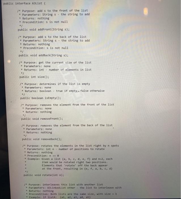 addFront(String s) { } public void addBack(Strings) { public int size() {