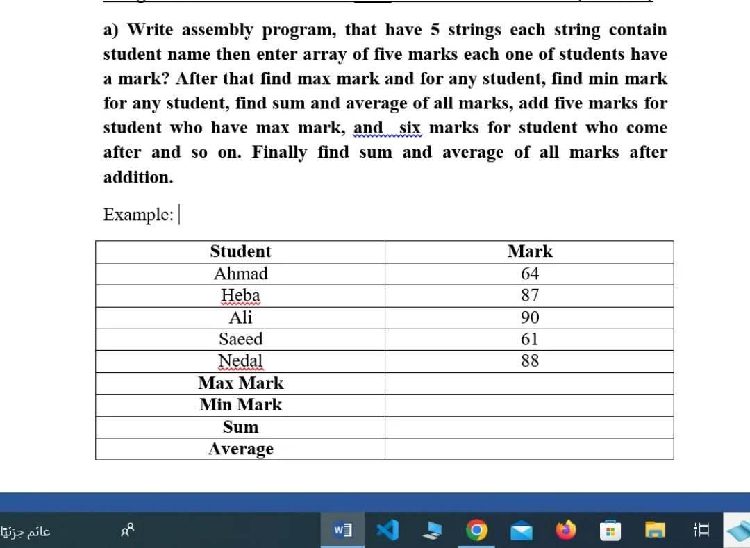 a) Write assembly program, that have 5 strings each string contain