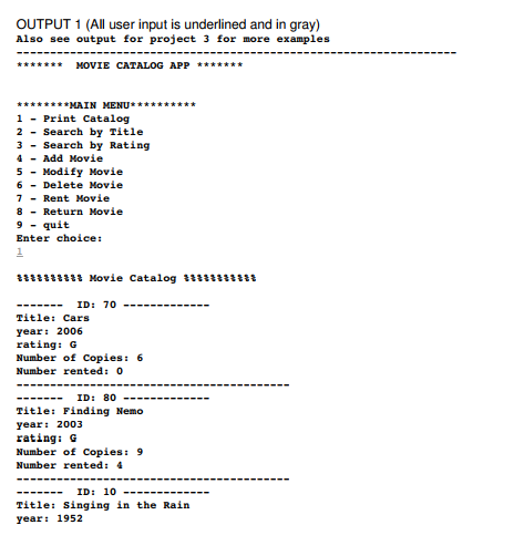 class movie{ public: int id; char title[250]; int year; char rating[6]; int