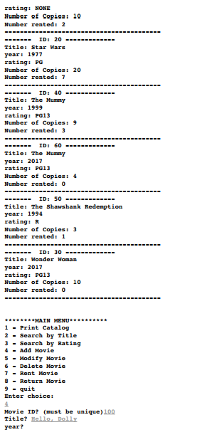 totalCopies; int rentedCopies; }; class Catalog{ private: movie movies[200]; int count =